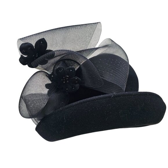 Signature Deborah Black Felt Kettle Brim Hat Sz 22.5" Crinoline Black Rhinestone - Picture 2 of 11